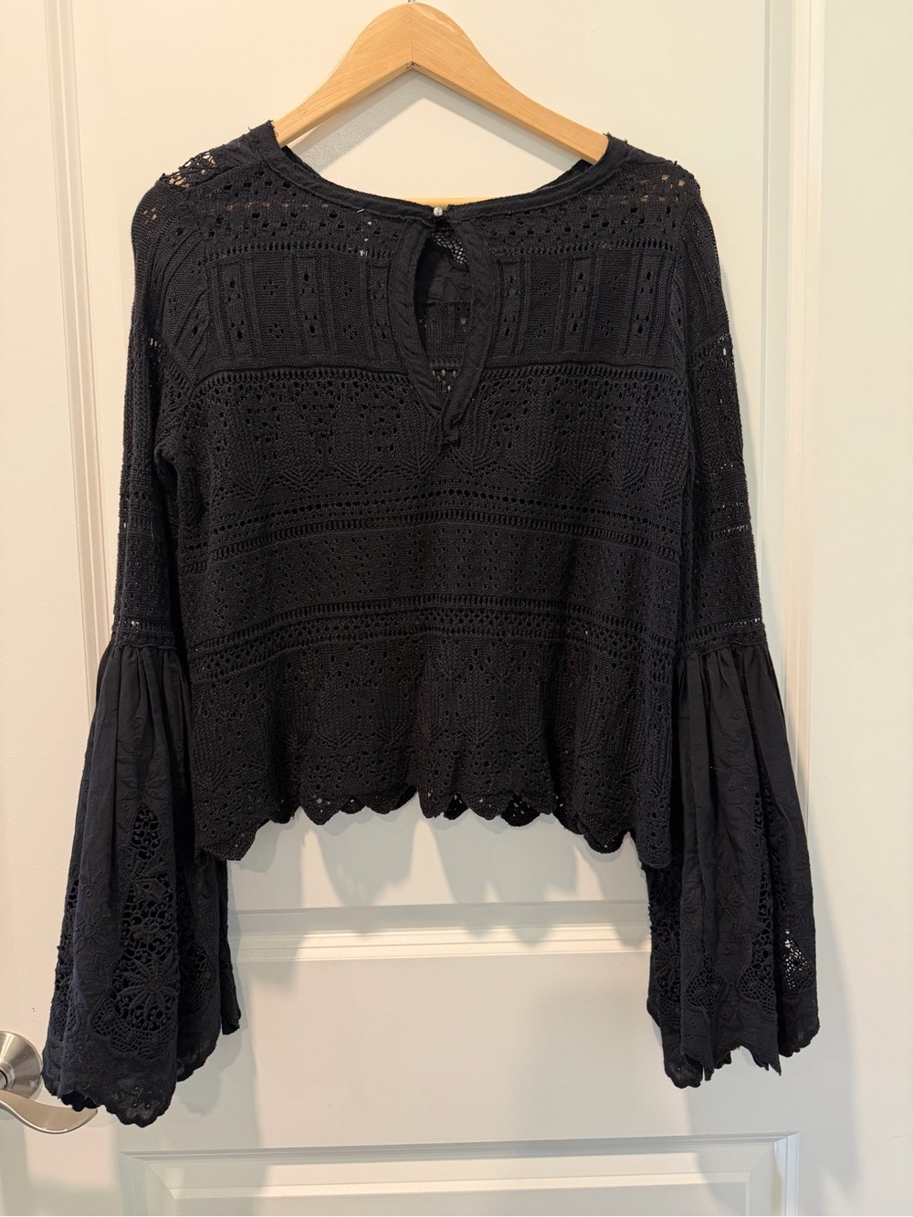 Free People Black Crochet Lace Bell Sleeve Top - Picture 2 of 4